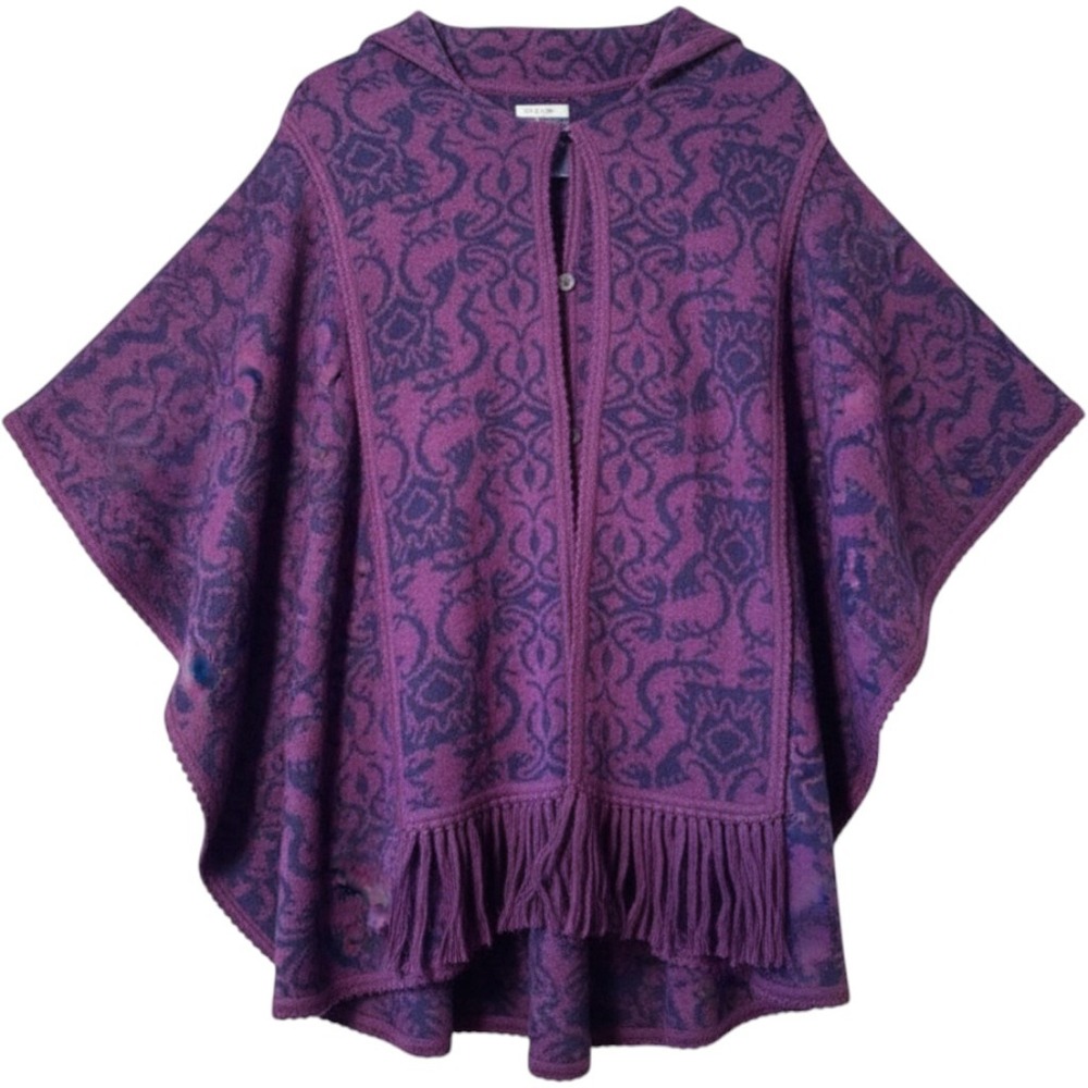 Novica Alpaca Blend Poncho One Size Purple Damask‎ Hooded Fringe Boho